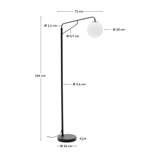Торшер Eilo из черной стали с плафоном из матового стекла