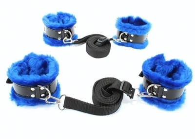 Черно-синий набор для фиксации на кровати с мехом (Цвет: черный с синим)