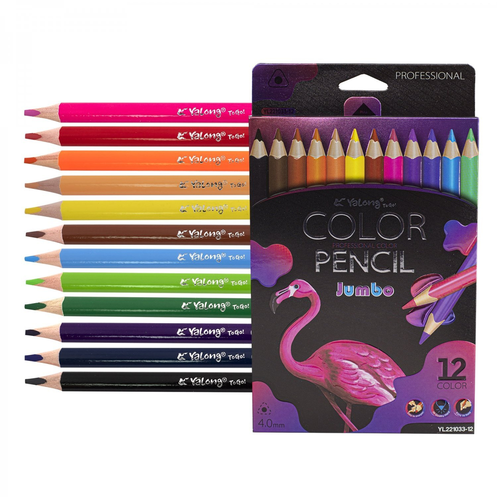 Карандаши цветные утолщенные Yalong 12 цв., "Неоновые животные JUMBO" деревянные, трехгранные, заточенные, грифель 4.0, картон. уп., европодвес