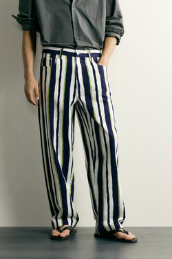 ZARA БРЮКИ STRAIGHT FIT В ПОЛОСКУ, МОРСКОЙ СИНИЙ