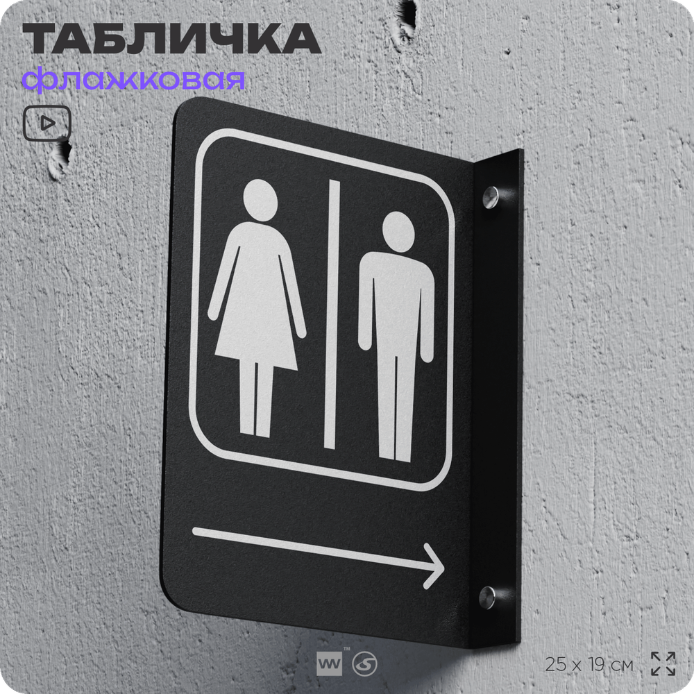 Табличка "Туалет направо" флажковая на стену, двусторонняя с крепежом, 19 х 25 см, для офиса, кафе, ресторана, серия COSMO, Айдентика Технолоджи