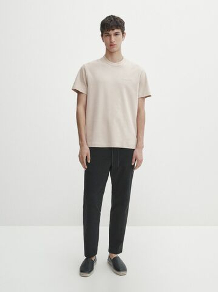 Massimo Dutti Хлопковая футболка с короткими рукавами, бежевый