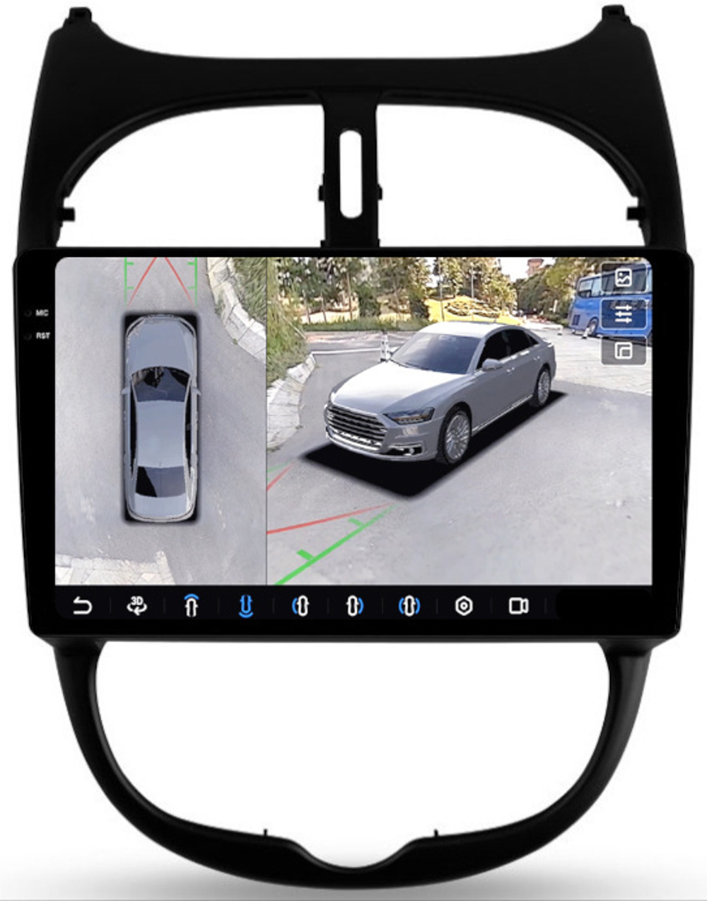 Магнитола для Peugeot 206 1998-2012 - FarCar BX778M-360 монитор 9.5" 2K QLED на Android 13, 6Гб+128Гб, CarPlay, 4G SIM-слот, 4 камеры в комплекте