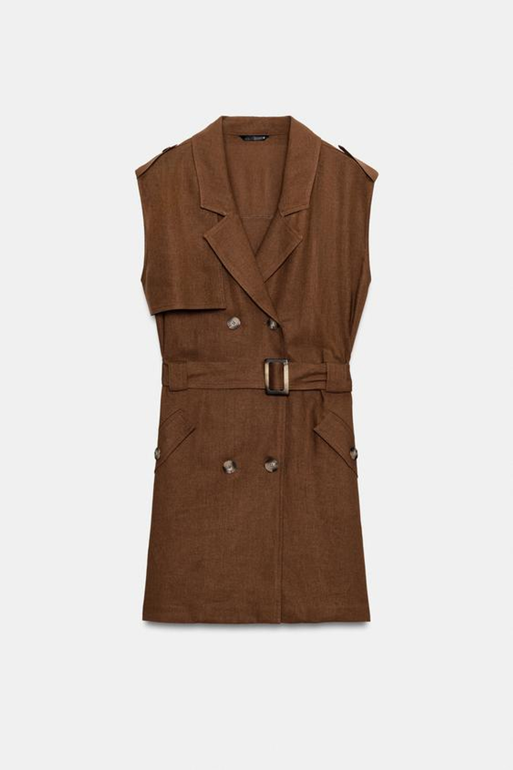 ZARA КОРОТКОЕ ПЛАТЬЕ ИЗ ЛЬНА С ПОЯСОМ, СВЕТЛО-КОРИЧНЕВЫЙ