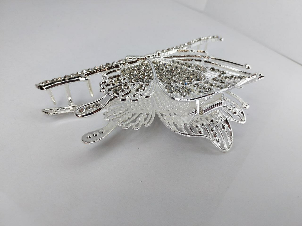 Заколка для волос "Бабочка", усиленная, с декором из страз, серебристый цвет