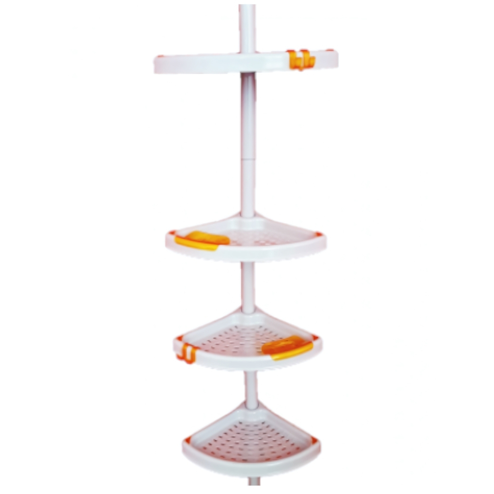 Полка угловая для ванной комнаты №2 телескопическая пластиковая труба, 4 полки, 2 крючка цвет серый