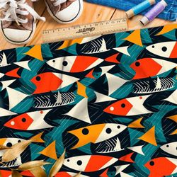 Ткань премиум габардин абстрактные рыбы