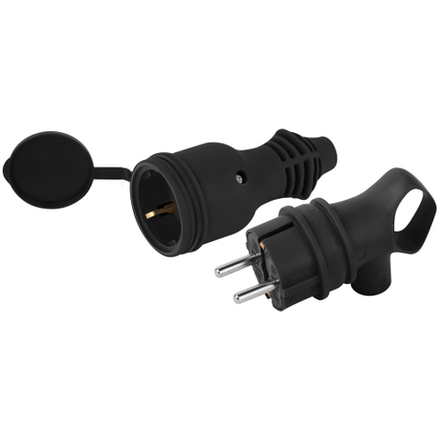 Набор вилка+розетка ЭРА VX12-B-IP44 + RX11-B-IP44 каучуковые c заземлением 16А IP44 с кольцом угловая черная