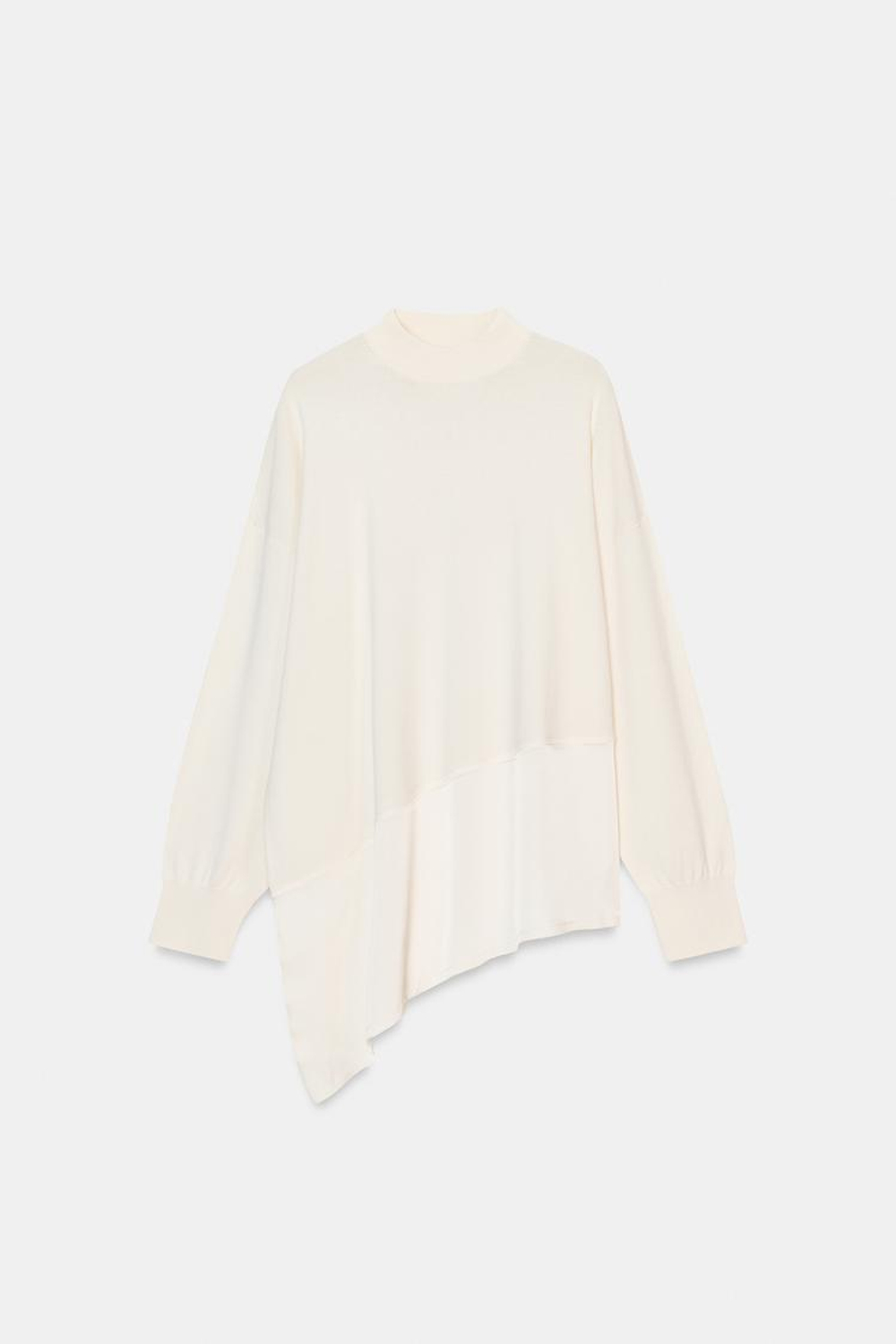 ZARA АСИММЕТРИЧНЫЙ СВИТЕР ИЗ КОМБИНИРОВАННОГО ТРИКОТАЖА, БЕЛЫЙ