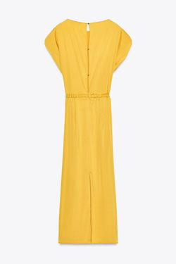 ZARA АТЛАСНОЕ ПЛАТЬЕ МИДИ С ПОЯСОМ, ГОРЧИЧНЫЙ