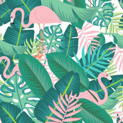 фламинго с тропическими листьями