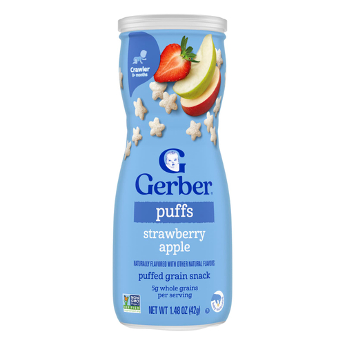 Gerber, Puffs, злаковые подушечки, для малышей от 8 месяцев, клубника и яблоко, 42 г (1,48 унции)