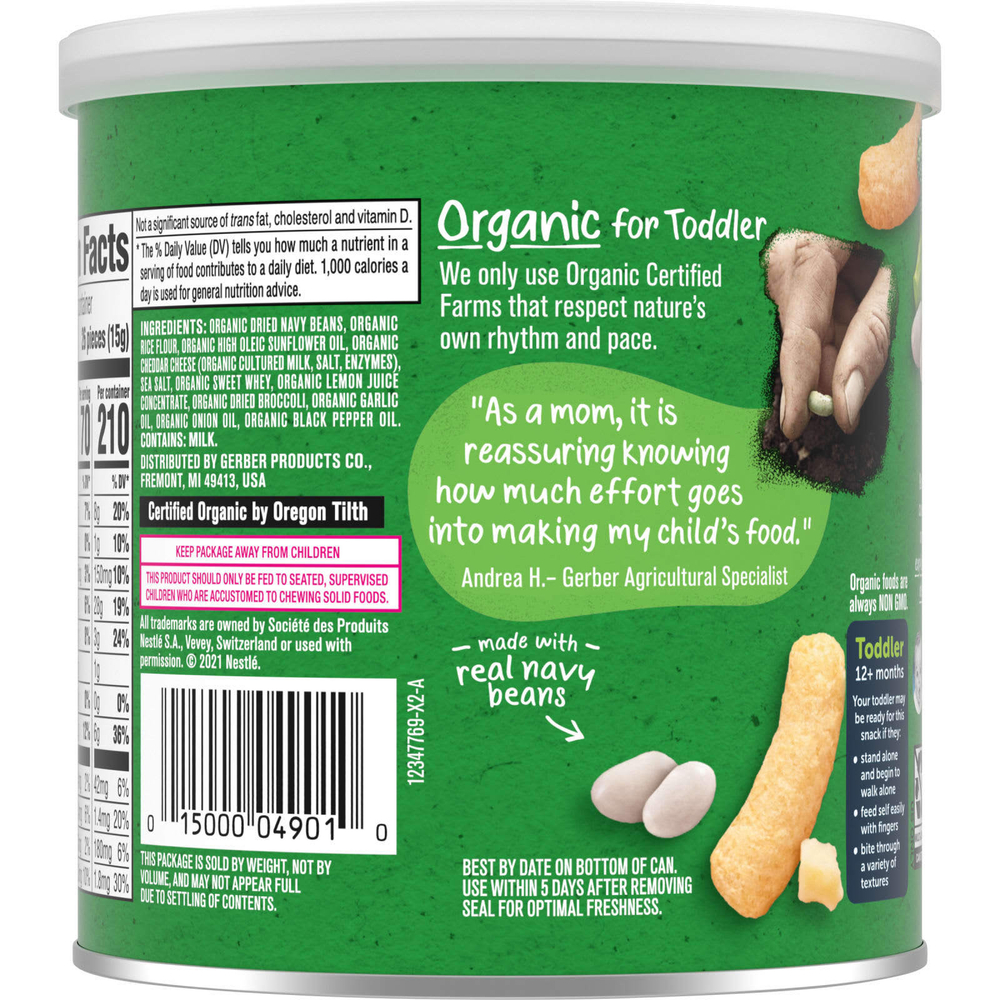 Gerber, Organic Lil 'Crunchies, запеченная с бобами закуска, от 12 месяцев, белый чеддер и брокколи, 45 г (1,59 унции)