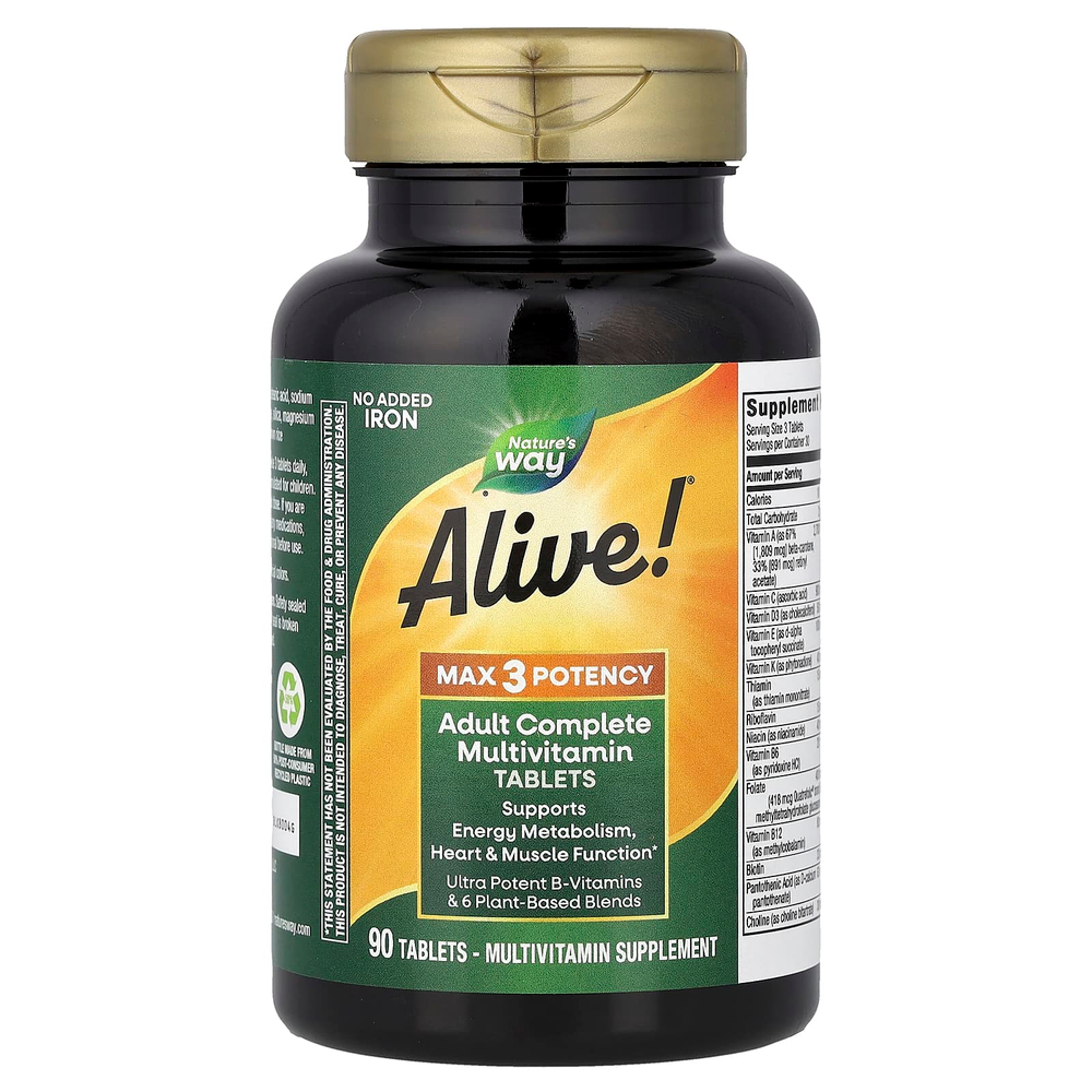 Nature's Way, Alive! Max3 Daily, мультивитаминный комплекс, без добавления железа, 90 таблеток