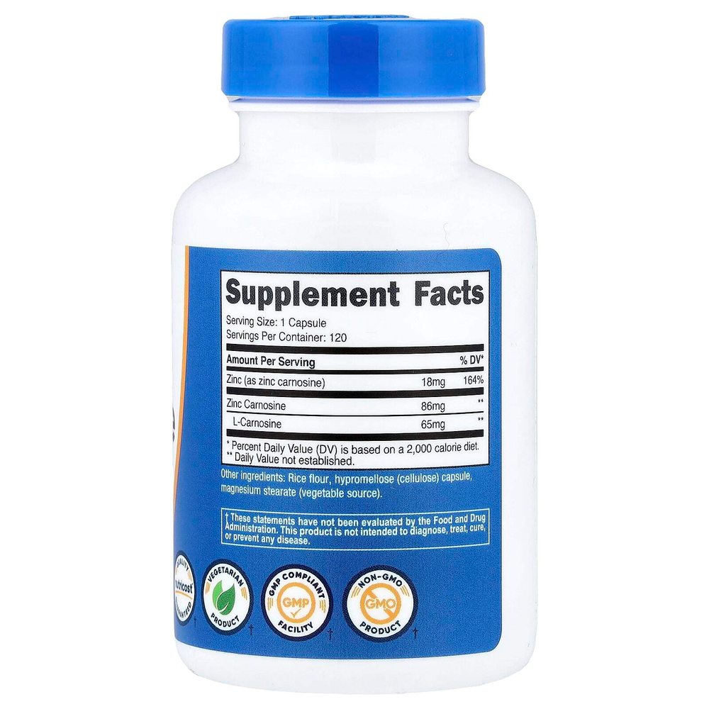 Nutricost, цинк карнозин, 120 капсул