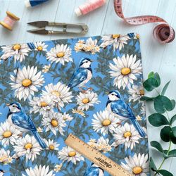 Ткань премиум таффета птицы в ромашках на голубом