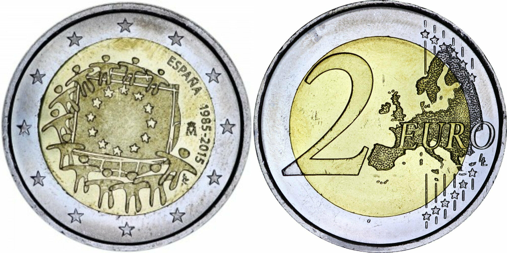 Испания 2 евро, 2015 30 лет флагу Европейского союза aUNC