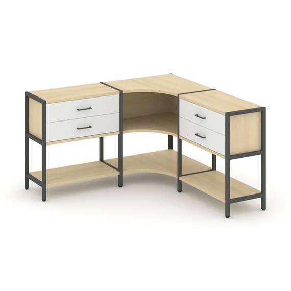 Shelf System Трехсекционный угловой стеллаж двухярусный с ящиками SN.STMU-231 Акация Лорка/Белый/Мет