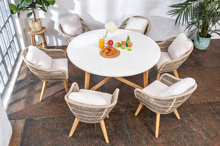 Стол обеденный из тика Joygarden ТАЛАРА круглый 150 см, бело-серый