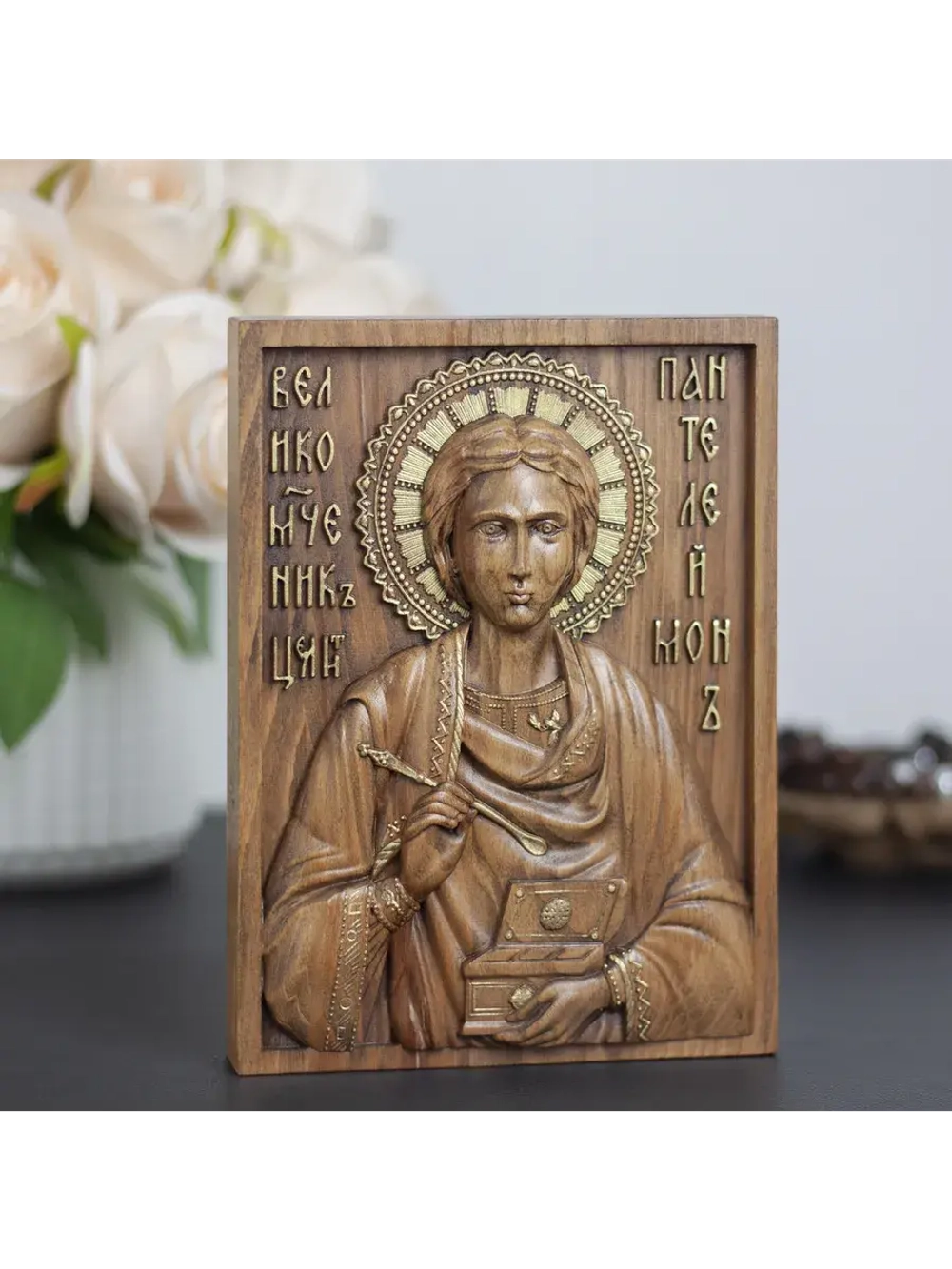 Пантелеймон Целитель икона деревянная резная, бук