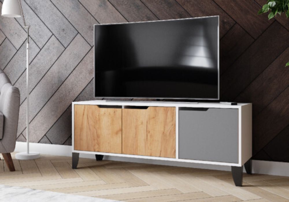 Тумба под ТВ ТВМ-4 (Белый/дуб крафт/Золотой+графит) 500х1250х380 мм МФ Микон