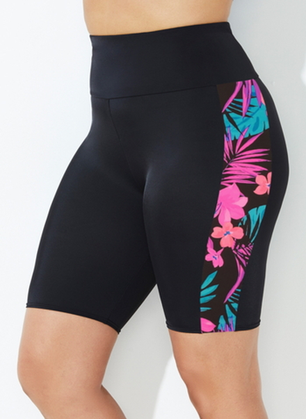 Шорты купальные 17185 розовые цветы на черном