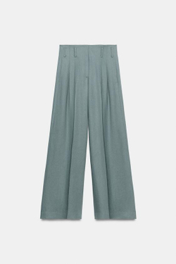 ZARA БРЮКИ С ЗАЩИПАМИ И ЛЬНОМ — ZW COLLECTION, СЕРО-СИНИЙ