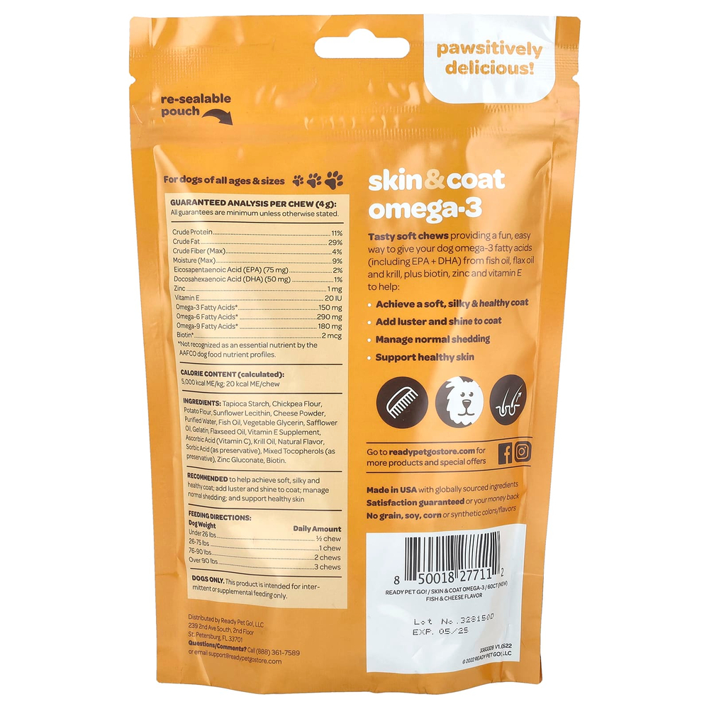 Ready Pet Go, Омега-3 для кожи и шерсти, для собак, для всех возрастов, рыба и сыр, 60 жевательных таблеток, 240 г (8,5 унции)