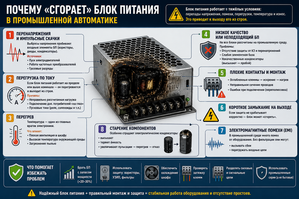 Почему "сгорает" блок питания в промышленной автоматике.