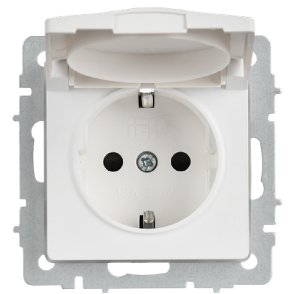 BRITE Розетка 1-местная с заземлением с защитными шторками и крышкой 16А IP44 РСбш10-3-44-БрАБ арктический белый IEK