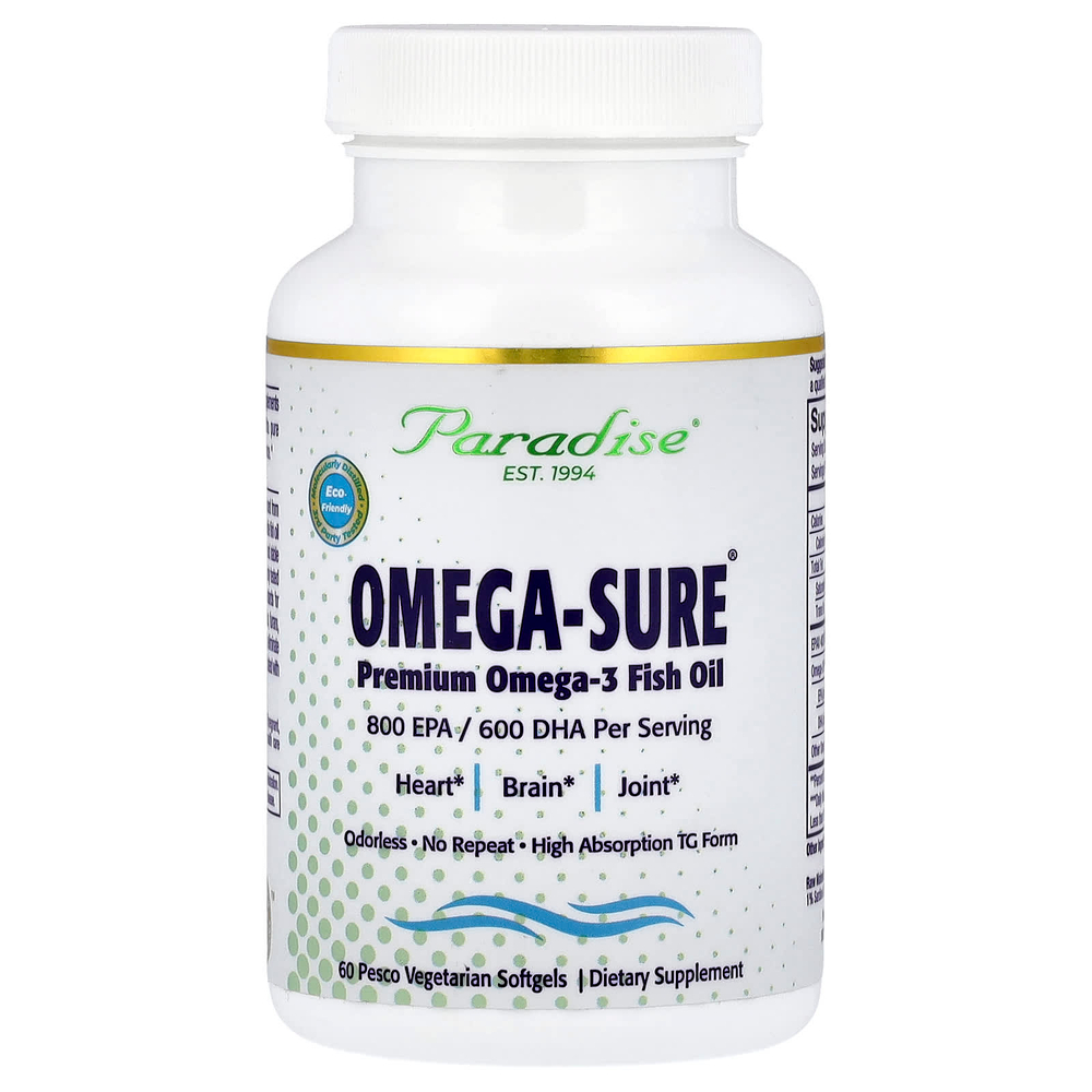 Paradise Herbs, Omega-Sure®, рыбий жир с омега-3 премиального качества, 60 вегетарианских капсул Pesco