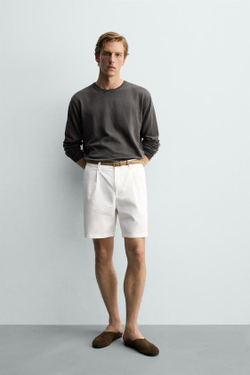 ZARA ШОРТЫ REGULAR FIT СО СКЛАДКАМИ, ЖЕЛТОВАТО-БЕЛЫЙ