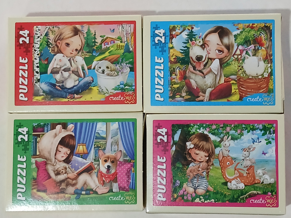 Пазл 24 детали, "Девочка с пушистыми друзьями", Рыжий Кот в комплекте 4 шт, арт.П24-5628, картонная основа, от 3 лет