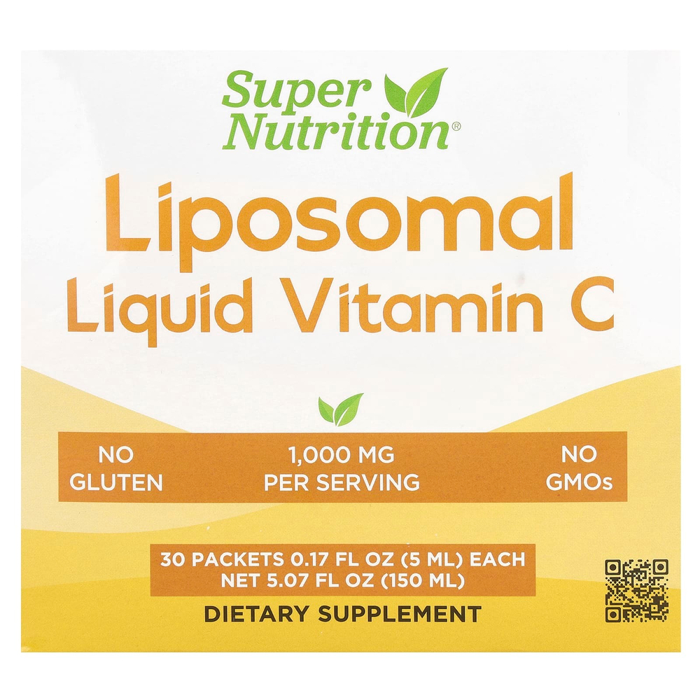 Super Nutrition, липосомальный витамин C в жидкой форме, без добавок, 1000 мг, 30 пакетиков по 5 мл (0,17 жидк. унции)