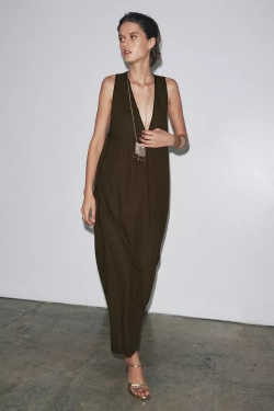 ZARA ПЛАТЬЕ МИДИ ИЗ СМЕСОВОГО ЛЬНА — ZW COLLECTION, ШОКОЛАДНЫЙ