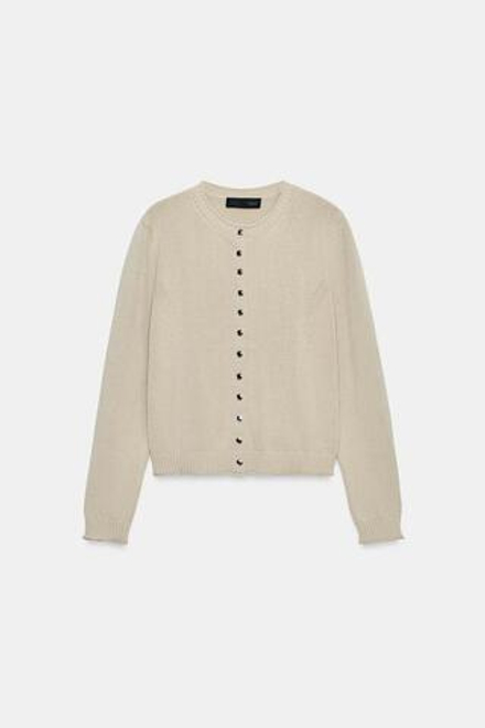 ZARA КАРДИГАН С МЕТАЛЛИЧЕСКИМИ ПУГОВИЦАМИ, ТЕМНЫЙ БЕЖЕВО-КОРИЧНЕВЫЙ