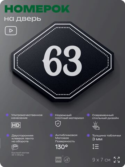 Номерок на дверь квартиры 63, для кабинета, офиса, шильдик 9 х 7 см, черный, Айдентика Технолоджи