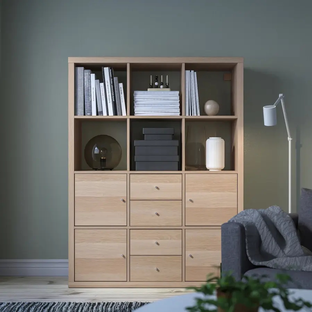 Стеллаж 12 ячеек с ящиками и дверцами - IKEA KALLAX, 112х147 см, под беленый дуб, КАЛЛАКС ИКЕА