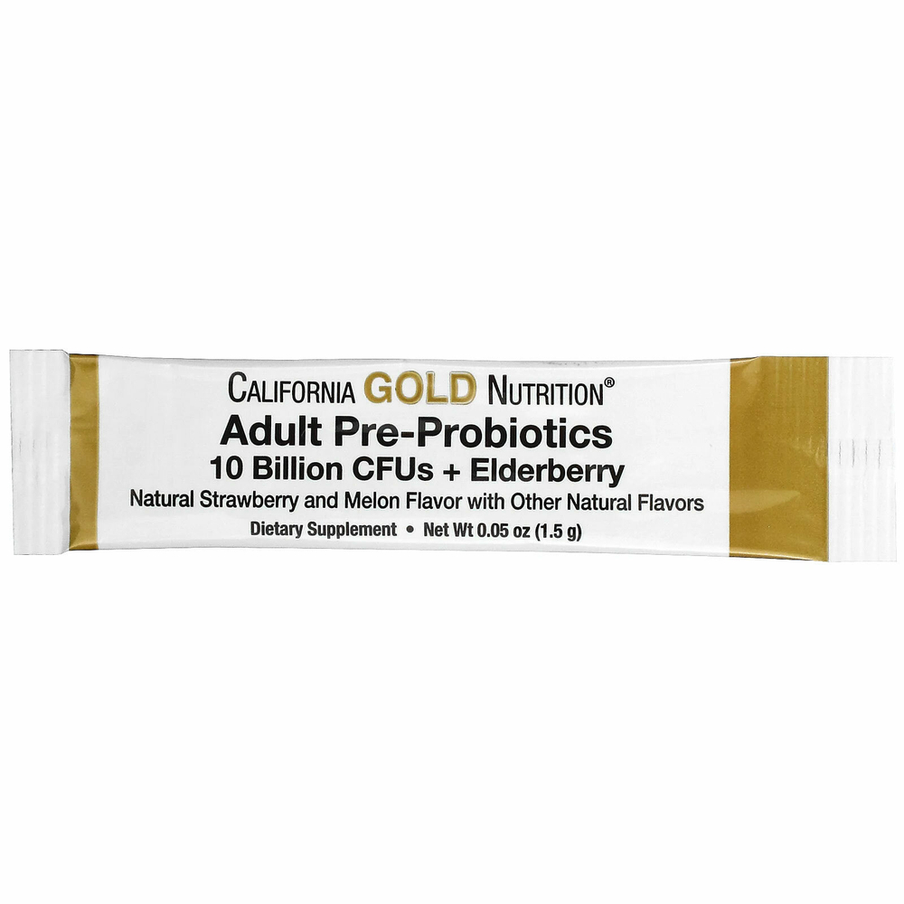 California Gold Nutrition, пребиотики и пробиотики для взрослых, 10 млрд. КОЕ + бузина, натуральный клубнично-дынный вкус, 30 пакетиков по 1,5 г (0,05 унции)