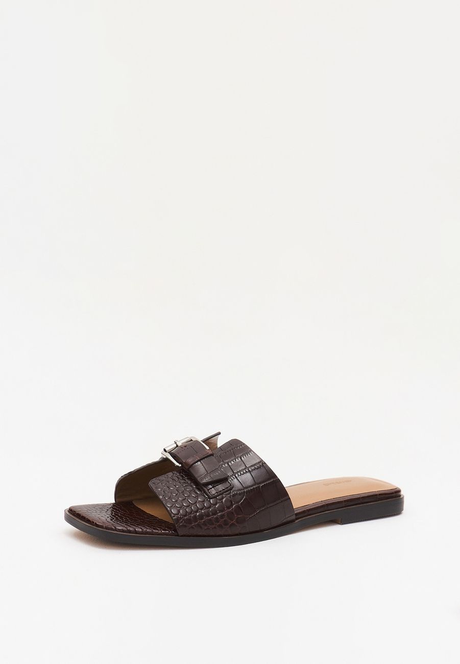 Шлепки из кожи под рептилию, темно-коричневый