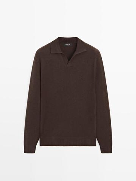 Massimo Dutti Свитер поло из смесовой шерсти с V-образным вырезом, шоколадный