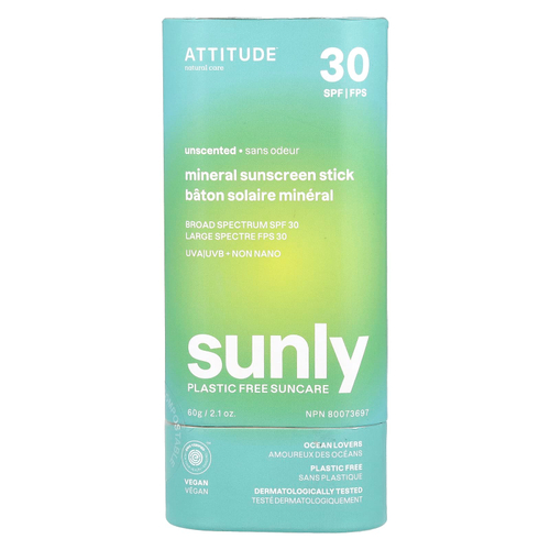 ATTITUDE, Sunly, минеральный солнцезащитный стик, SPF 30, без запаха, 60 г (2,1 унции)