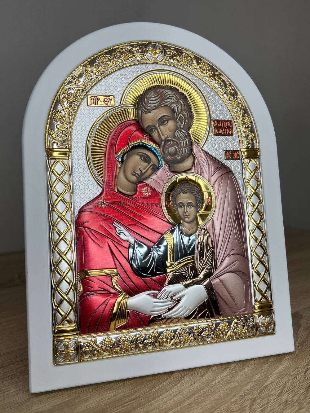 Св. Семейство, икона арочная, белое дерево, эмаль 206х275