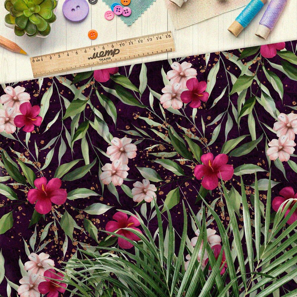 Ткань атлас яркие цветы и золотые блёстки