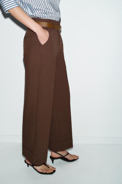 ZARA БРЮКИ С ОТВОРОТАМИ И РЕМНЕМ, КОРИЧНЕВЫЙ