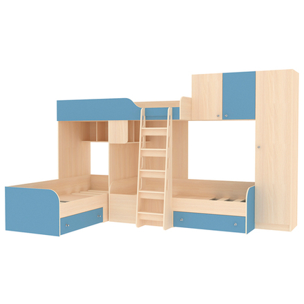 Кровать-чердак КарИВи Трио 2  Дуб Молочный Светло-синий, голубой