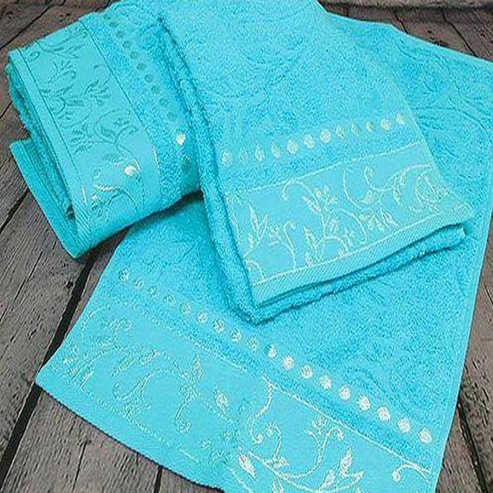 Набор из 3-х махровых полотенец "П37. Жаккард светло-бирюзовый" в упаковке, 100% хлопок, Россия.