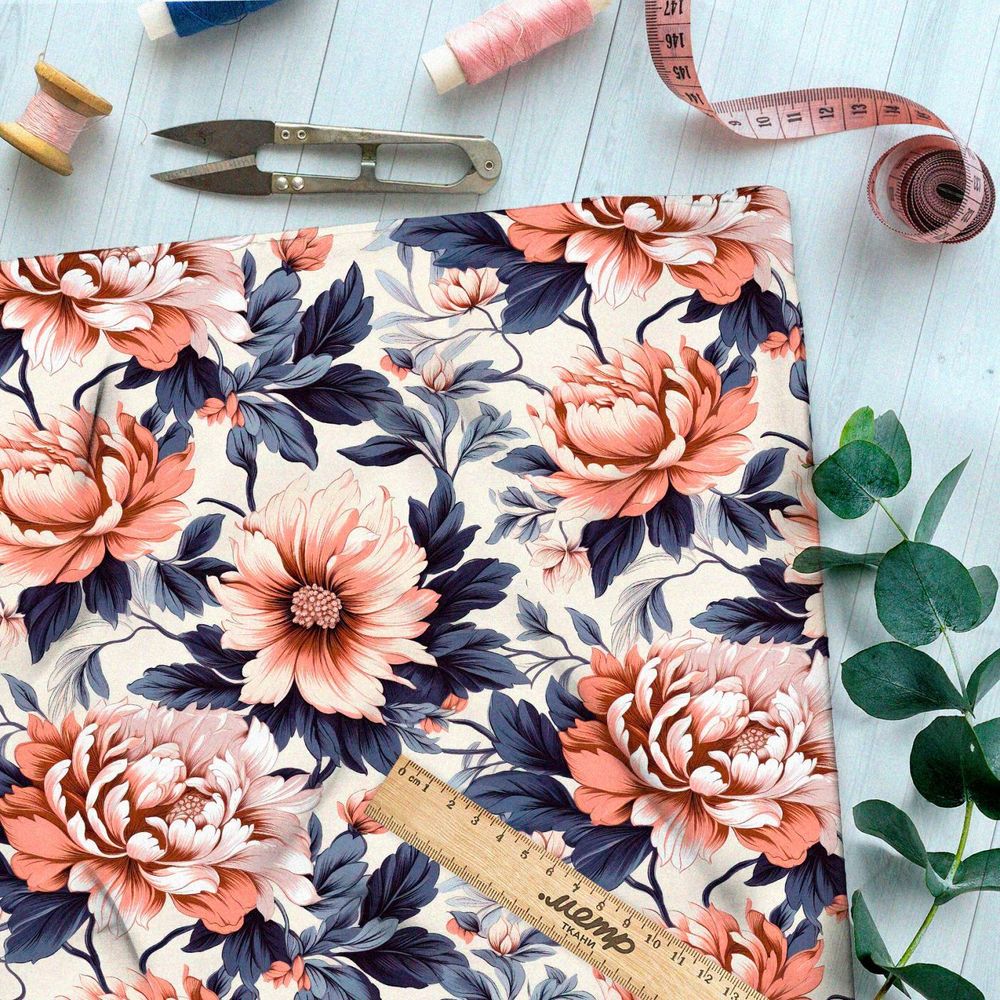 Ткань премиум шифон пионы на синих листьях