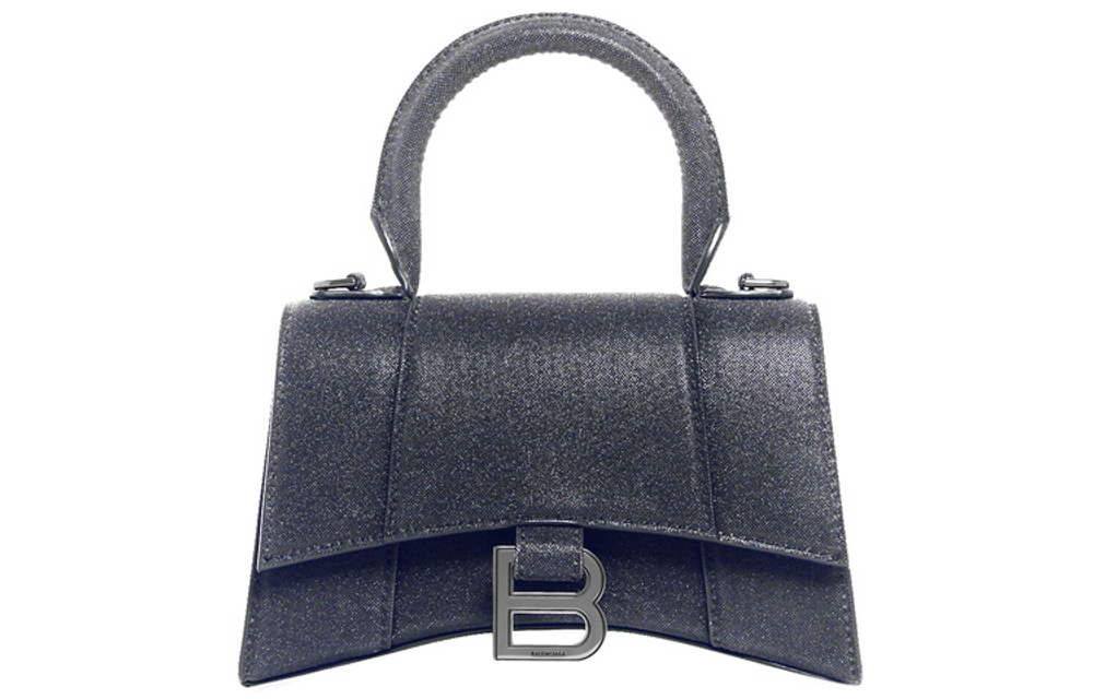Balenciaga Hourglass Shimmery Material With Sheepskin Hourglass Bag, Crossbody Bag, Clutch Regular Women"s Black