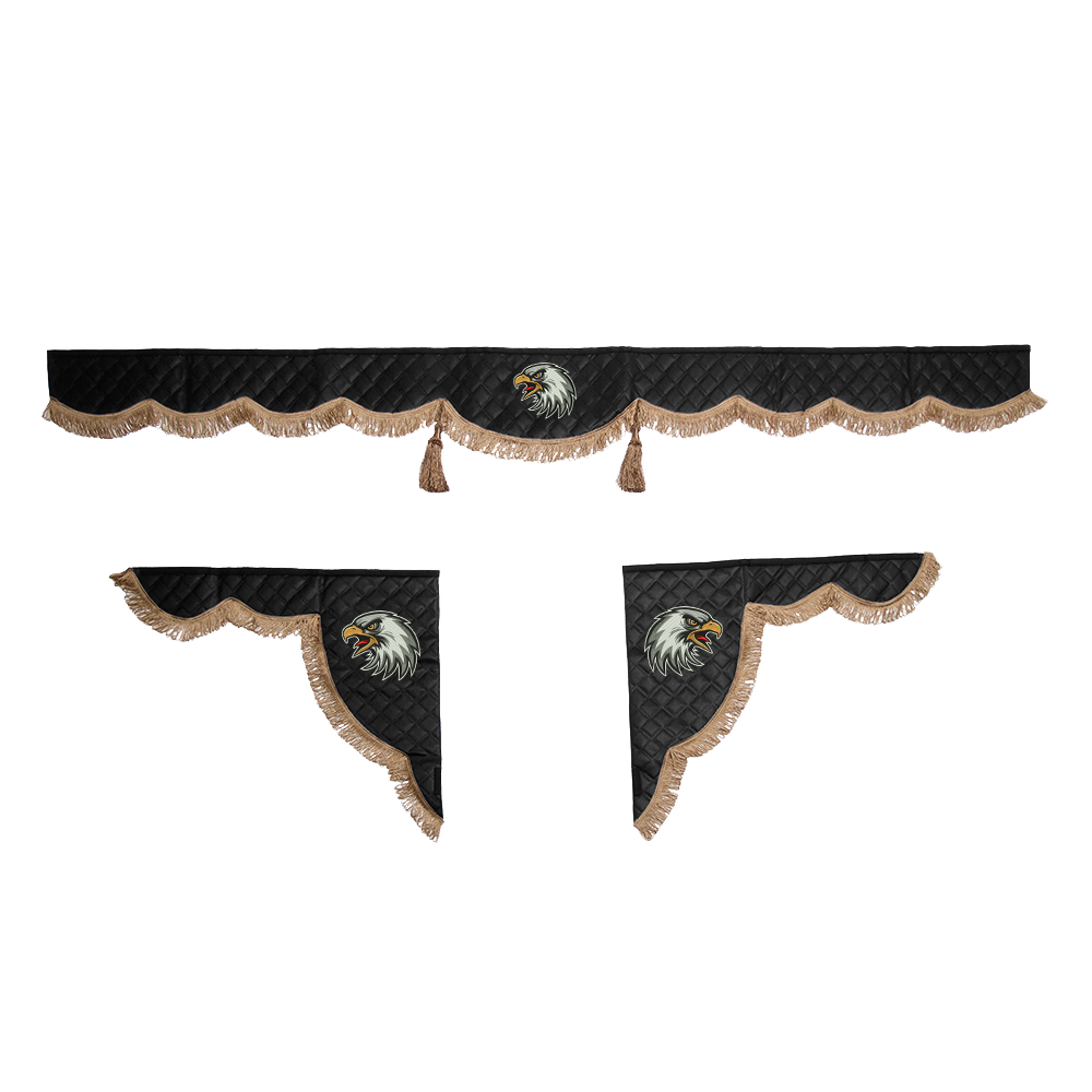 Ламбрекен с косынками универсальные стеганые Орел (экокожа, черный, коричневые кисточки)